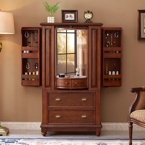 美式实木复古带镜收纳斗柜