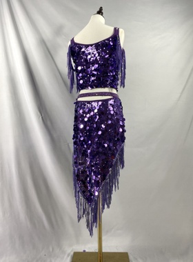肚皮舞鼓舞紫色亮片流苏镶钻演出服东方舞drum solo短裙舞蹈服定