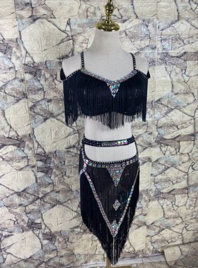 肚皮舞鼓舞黑色流苏满钻演出服东方舞drum solo表演服定制