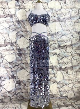 肚皮舞buling亮片镶钻超闪显瘦长裙东方舞双开叉子带胸垫练功服