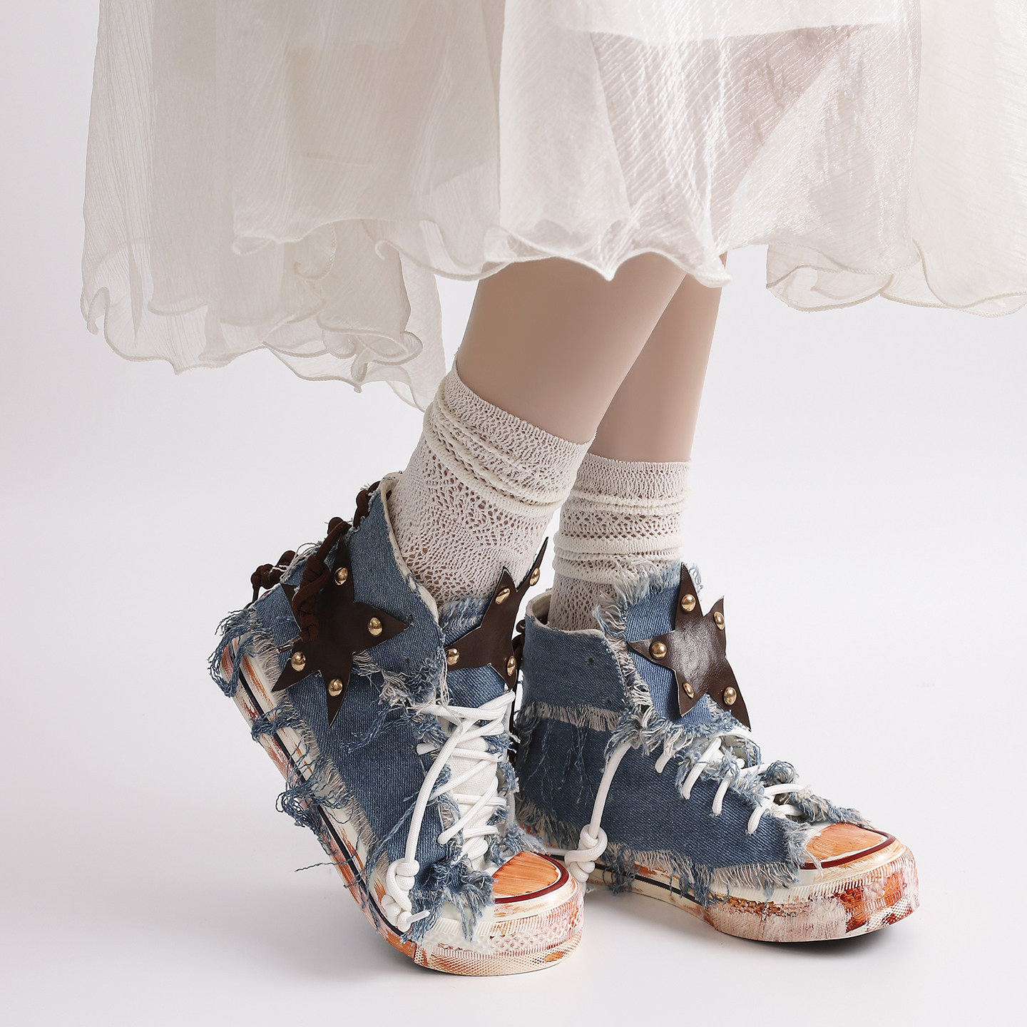 DAYMARE法国设计定制球鞋贴布牛仔星星绑带个性男女款高帮帆布鞋