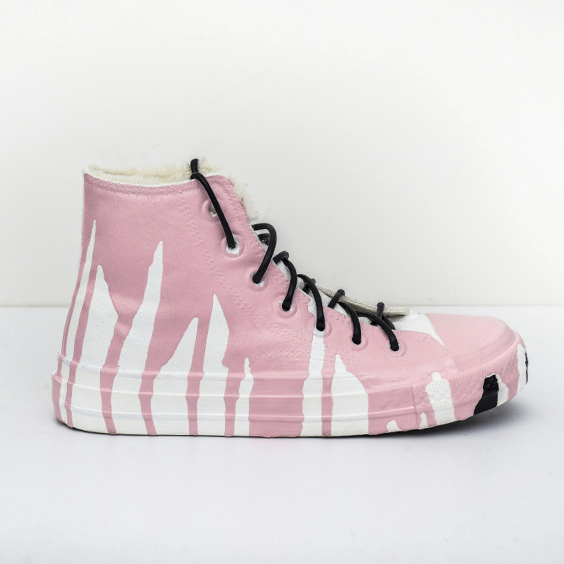 法国小众设计师daymare vulcanization粉色白加绒涂鸦高帮帆布鞋