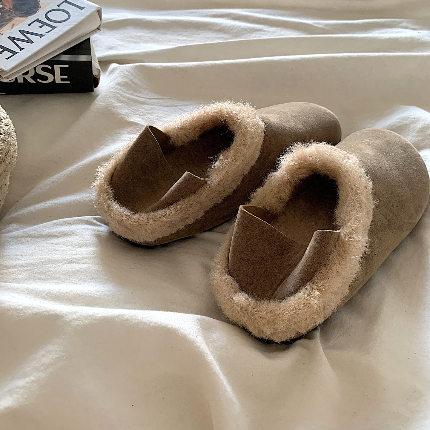 袋鼠剪毛~踩脚两穿加绒勃肯鞋女冬ins百搭保暖一脚蹬乐福毛毛棉鞋