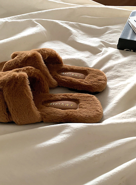 轻奢老钱风~ins高及感温柔风毛毛拖鞋女冬外穿网红时尚加绒棉拖鞋