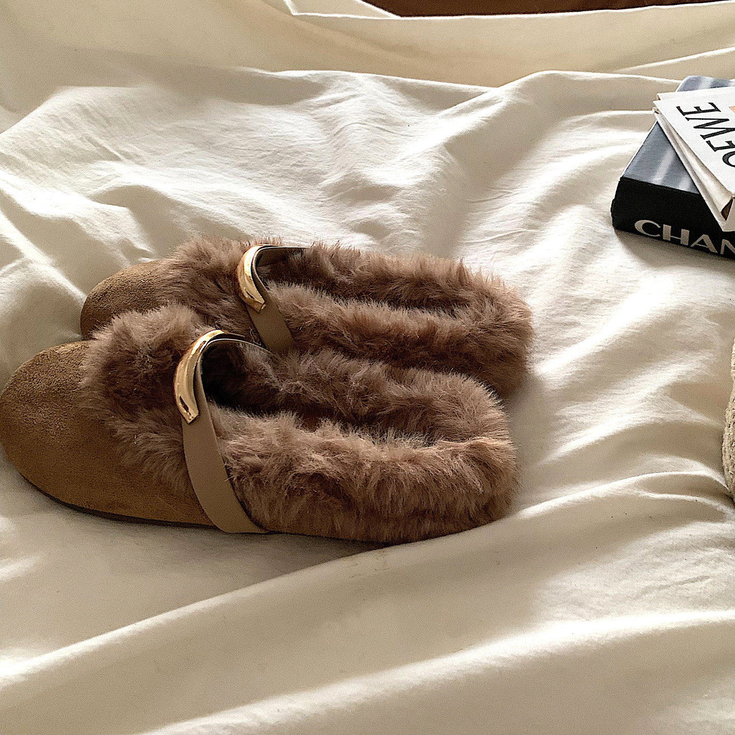 高级老钱风~ins复古平底毛毛拖鞋女外穿网红时尚一脚蹬加绒棉拖鞋,女鞋,毛毛鞋,淘宝优惠券,粉丝福利购,淘宝优惠卷