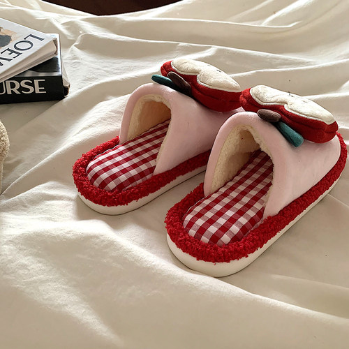 红苹果乐园~ins少女心居家保暖毛毛拖鞋女学生加绒宿舍防滑棉拖鞋