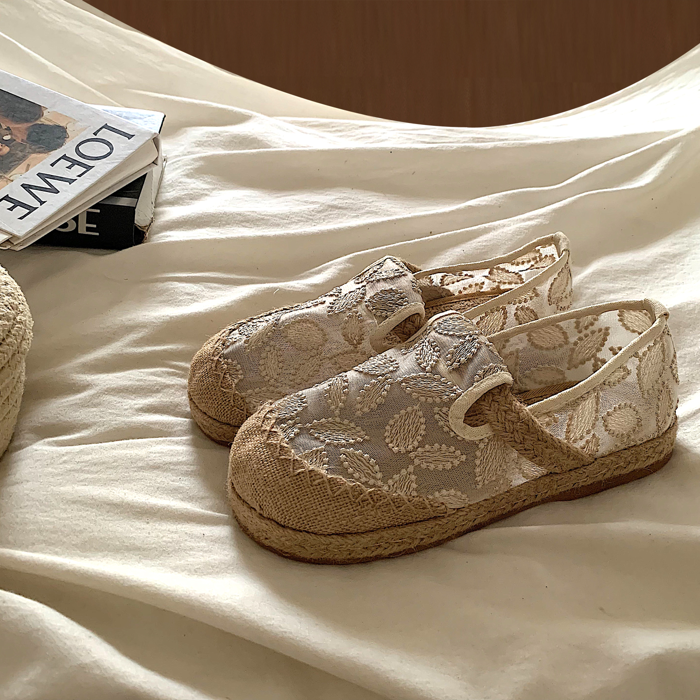 金屿鹿 黄昏落日~亚麻草编刺绣复古单鞋布鞋透气防滑一脚蹬渔夫鞋