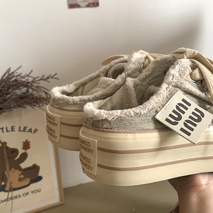小众设计感脚踩两穿一脚蹬半拖鞋女ins超火百搭厚底帆布鞋休闲鞋