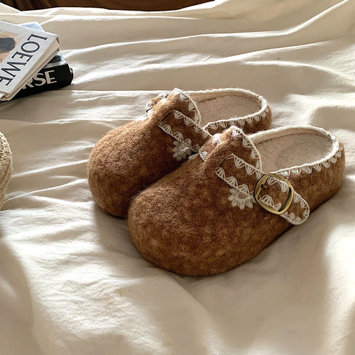 自留好穿~增高厚底配裙子编织加绒勃肯鞋女冬ins复古一脚蹬棉拖鞋