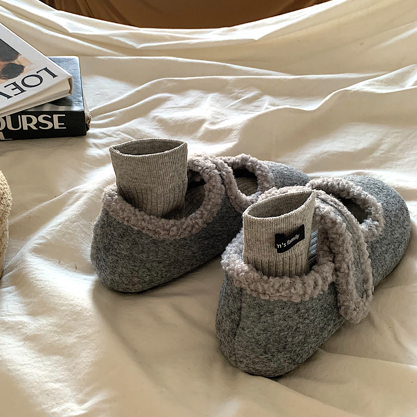 高级灰~魔术贴毛呢加绒玛丽珍棉鞋女冬季ins网红百搭保暖毛毛鞋潮