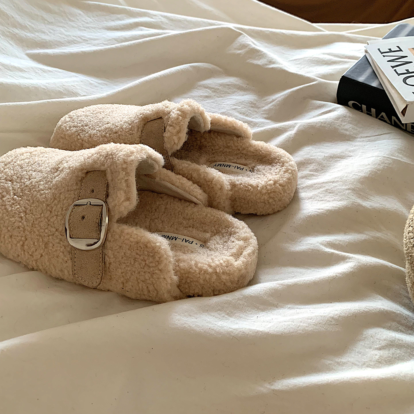 奶油吐司~ins毛茸茸勃肯拖鞋女冬季外穿韩版百搭加绒一脚蹬棉拖鞋