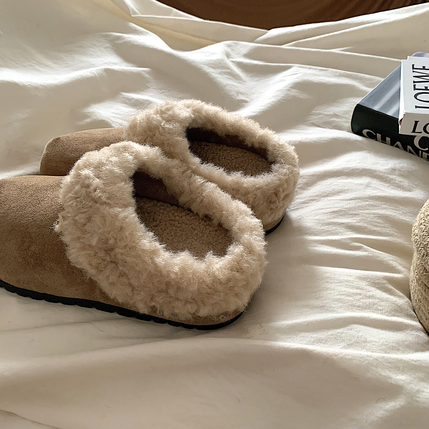 暖糯出韩~毛茸茸加绒厚底勃肯棉鞋女冬外穿韩版复古保暖毛毛拖鞋