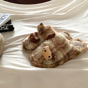 金屿鹿 软萌KT猫~ins可爱居家毛毛拖鞋女冬季学生防滑包头棉拖鞋