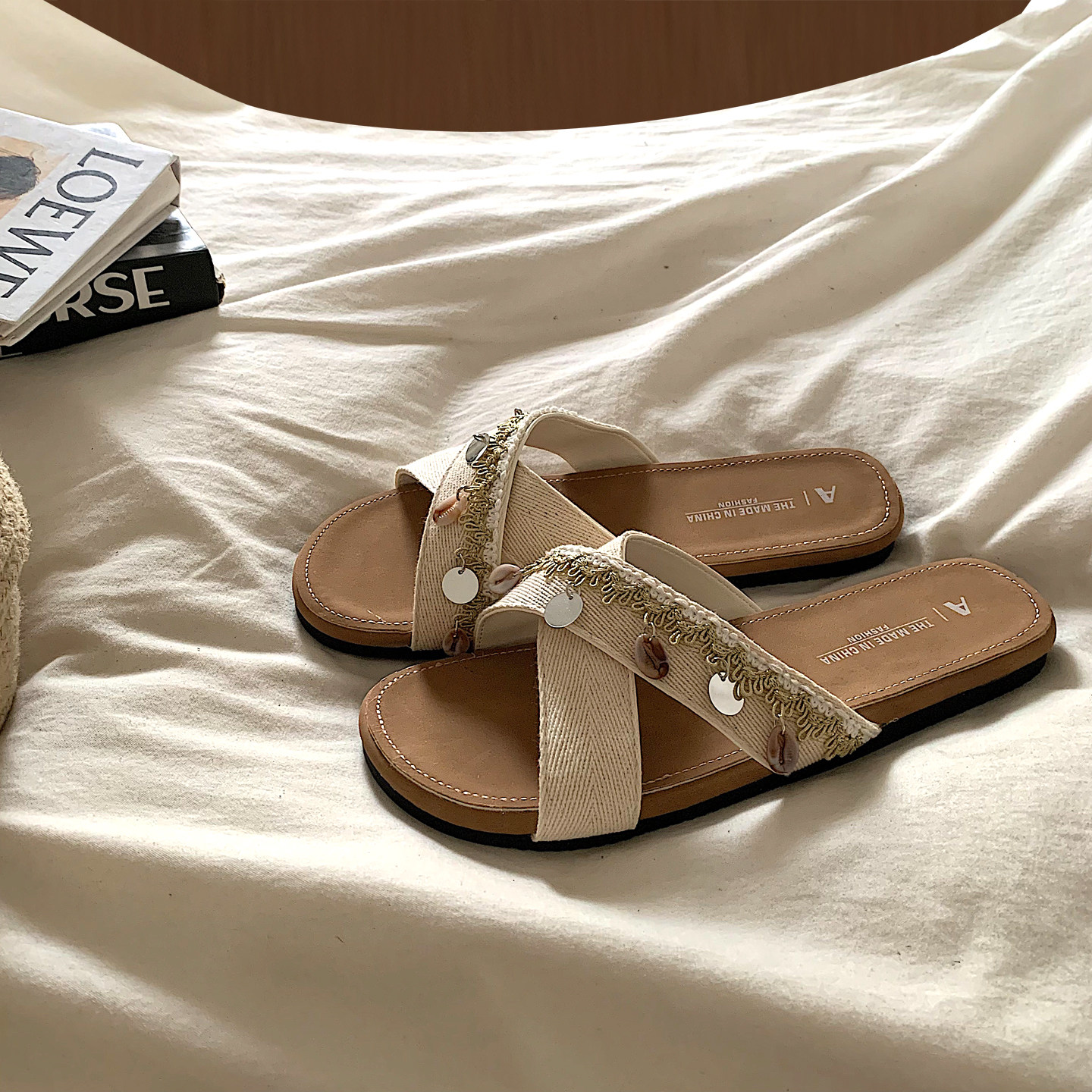 金屿鹿 民族度假风~小众ins温柔风凉拖鞋女夏罗马复古绝美一字拖,女鞋,一字拖,淘宝优惠券,粉丝福利购,淘宝优惠卷