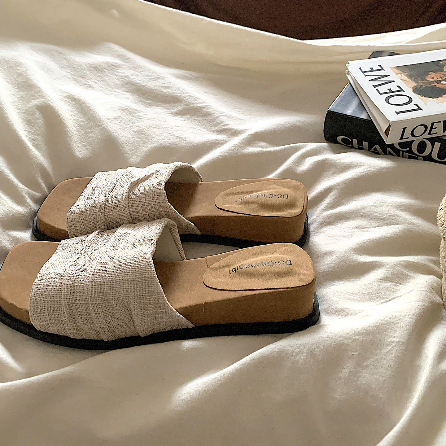 曼谷度假～ins亚麻风复古厚底凉拖鞋女夏天外穿仙女风百搭一字拖