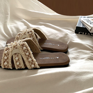 金屿鹿法式珍珠温柔平底一字拖女夏外穿韩版晚晚风度假沙滩凉拖鞋