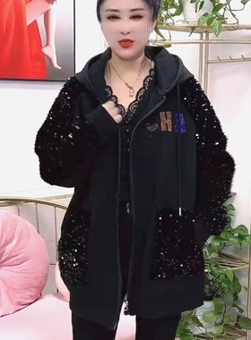 胖妹妹秋冬大码女装重工烫钻亮闪闪宽松休闲开衫棉服时尚风衣外套