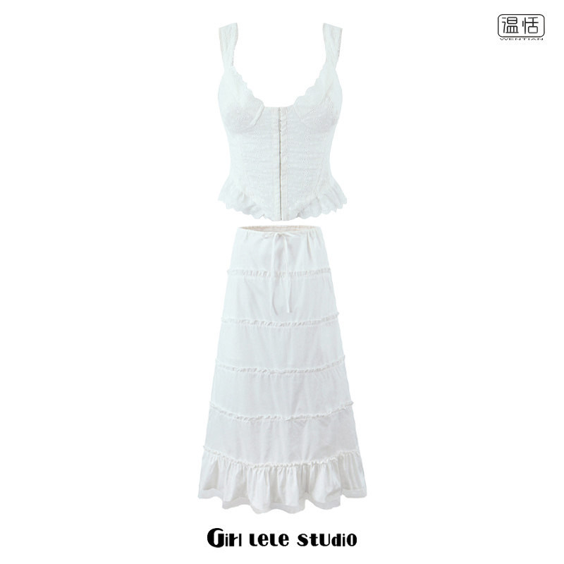 【包邮】纯欲刺绣花边吊带背心鱼骨收腰上衣抽绳腰蕾丝拼接长裙子,女装/女士精品,时尚套装,淘宝优惠券,粉丝福利购,淘宝优惠卷