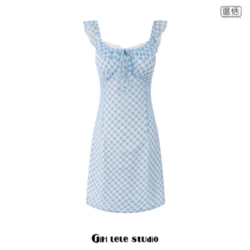 【包邮】辣妹风蓝色格纹方领花边设计抹胸连衣裙收腰显瘦A字短裙