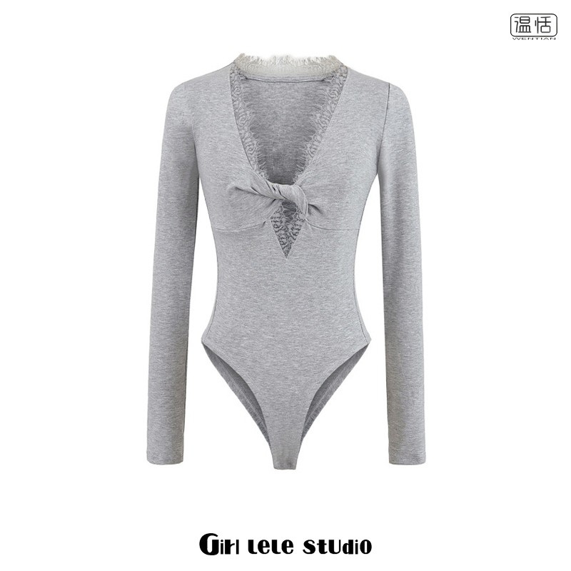 【包邮】欧美风性感深V领蕾丝镂空扭结设计感长袖T恤女紧身连体衣,女装/女士精品,连体衣/裤,淘宝优惠券,粉丝福利购,淘宝优惠卷