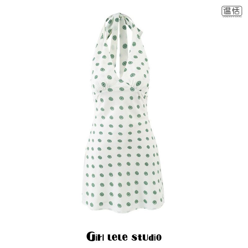 【包邮】欧美性感深V领挂脖系带无袖连衣裙女收腰显瘦辣妹A字短裙