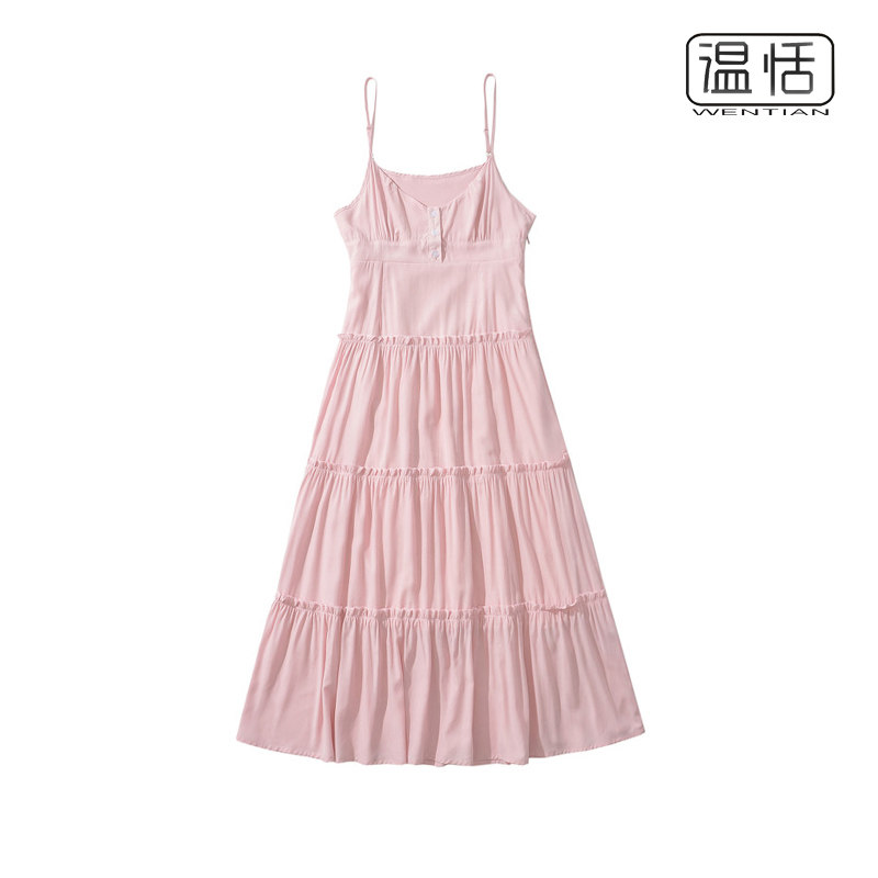 【包邮】法式温柔风粉色V领纽扣饰吊带连衣裙气质显瘦度假长裙子
