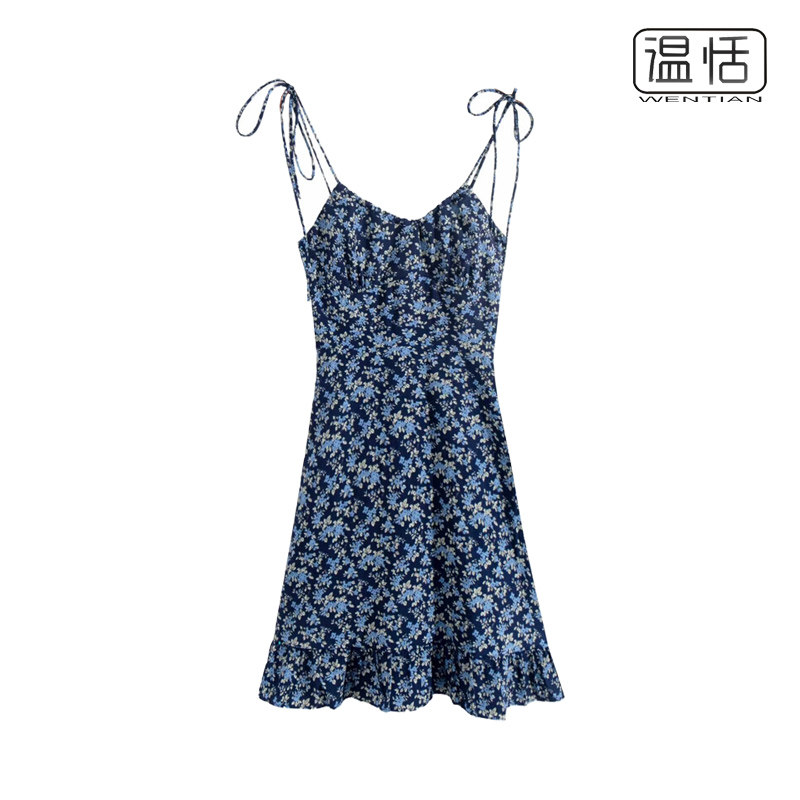 【包邮】法式V领双肩系带藏蓝色碎花显瘦修身吊带裙A字度假短裙子