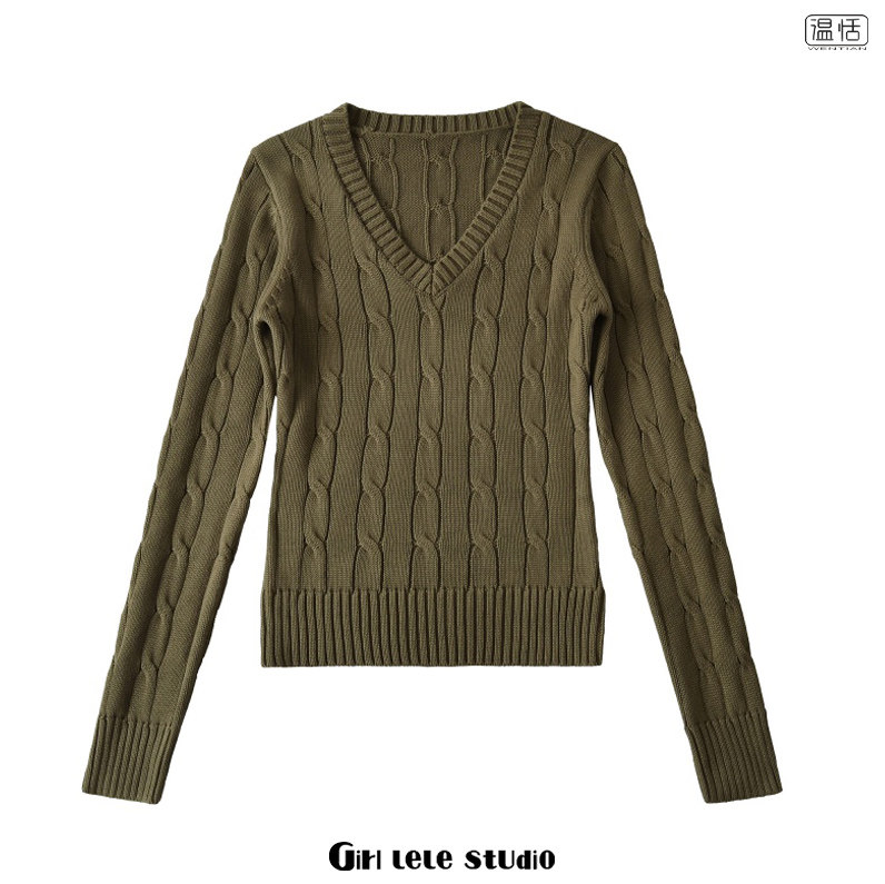 【包邮】美式复古风时尚简约V领麻花纹针织衫修身显瘦百搭上衣女