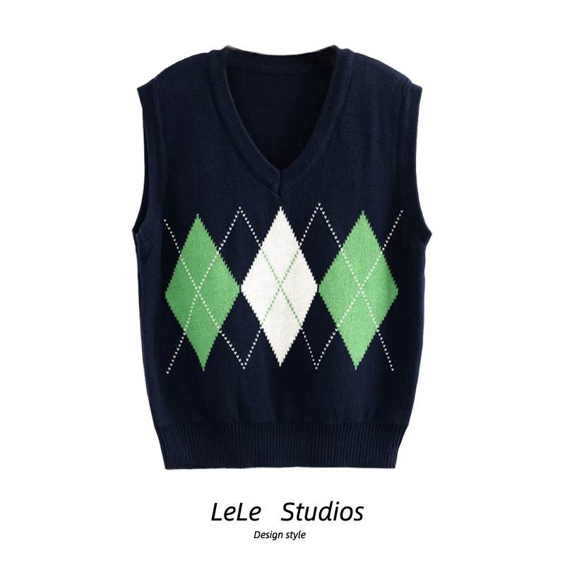 【包邮】美式复古减龄英伦学院V领针织百搭显瘦菱格拼色无袖背心,女装/女士精品,毛衣,淘宝优惠券,粉丝福利购,淘宝优惠卷