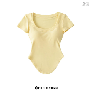 修身 T恤女夏季 辣妹风大U领套头短袖 带胸垫好像下摆上衣潮 包邮