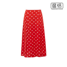 【包邮】法式风情复古红色波点半身裙女夏季高腰显瘦开叉A字裙潮