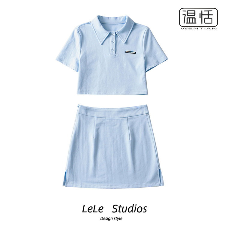 【包邮】美式夏季Polo领短款上衣字母贴标T恤+高腰开叉包臀短裙女