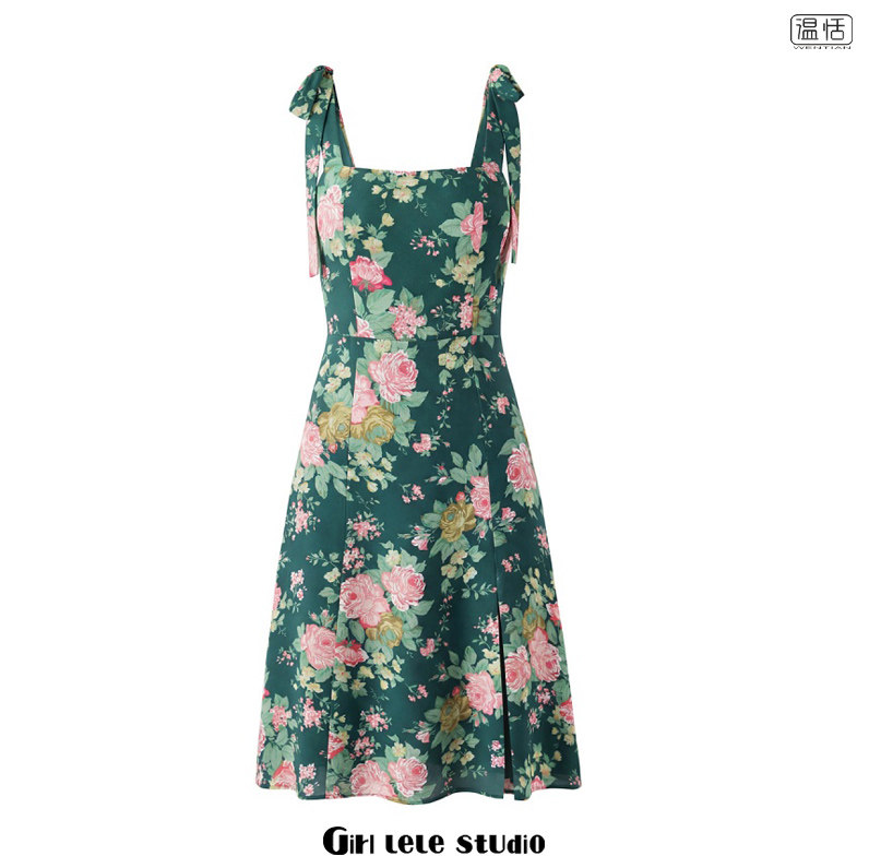 【包邮】美式复古辣妹风时尚碎花吊带绿色修身显瘦绑带性感连衣裙