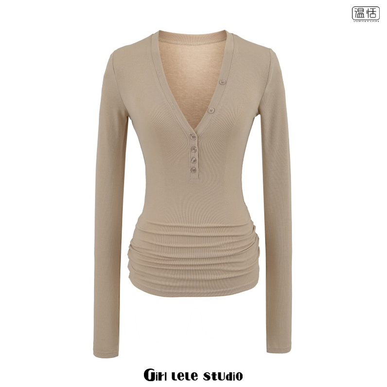 【包邮】纯欲辣妹风性感V领长袖T恤女修身显瘦纽扣收腰打底衫上衣