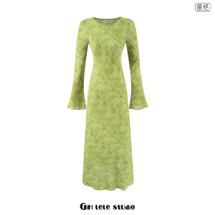 复古圆领套头显瘦长袖 包邮 法式 A字长裙 连衣裙女绿色显白修身