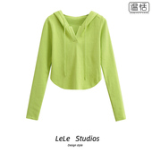 女多色百搭高腰露脐卫衣潮 纯欲圆弧下摆设计感连帽针织衫 包邮