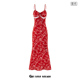 连衣裙潮 复古氛围感红色碎花吊带裙胸前抽褶气质长款 包邮 法式