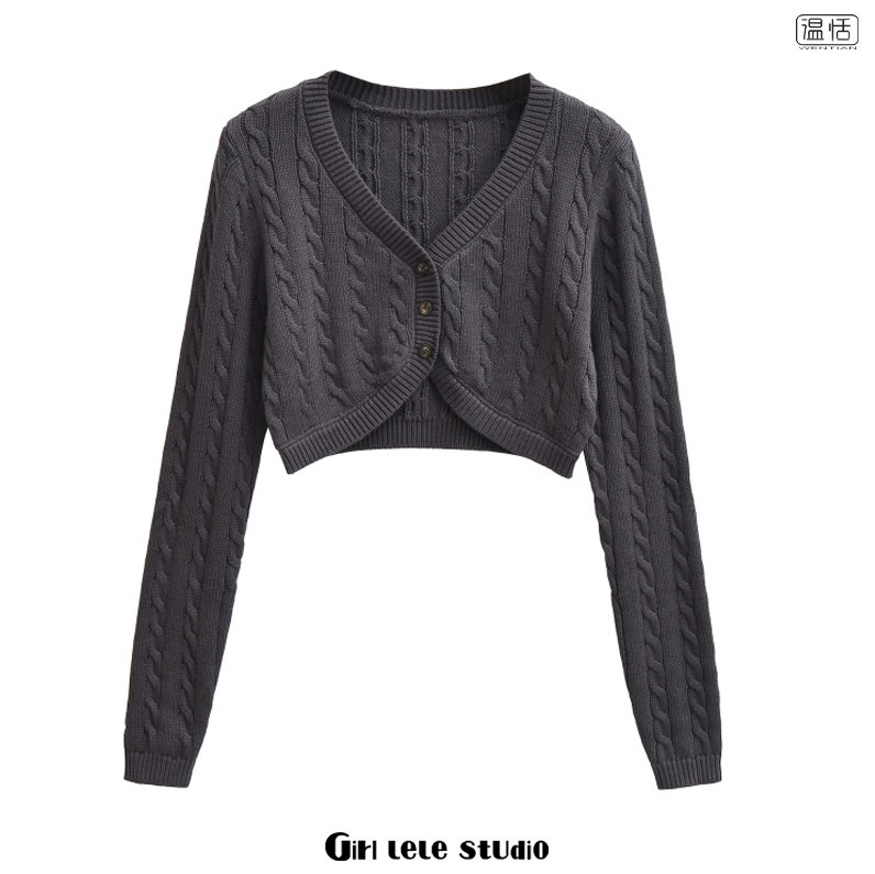 【包邮】欧美风新款时尚V领麻花针织开衫女短款修身显瘦气质上衣
