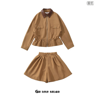 收腰拉链外套高腰显瘦短裤 欧美复古风翻领撞色拼接蝙蝠袖 包邮