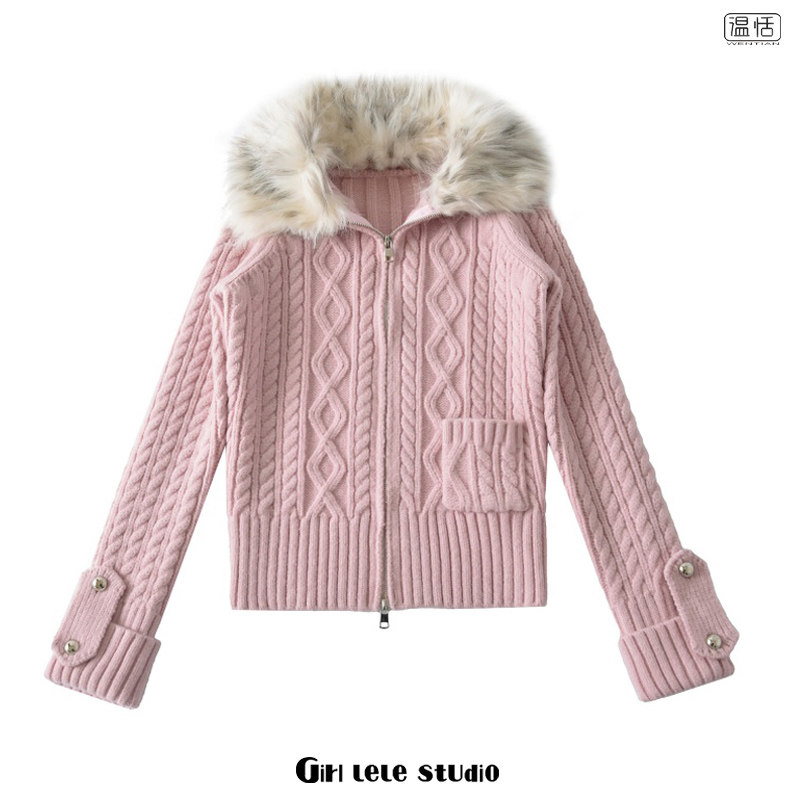 【包邮】美式复古风气质毛领麻花针织外套女短款显瘦拉链开衫上衣