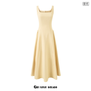 【包邮】法式复古黄色气质收腰显瘦方领无袖吊带连衣裙A字长裙子