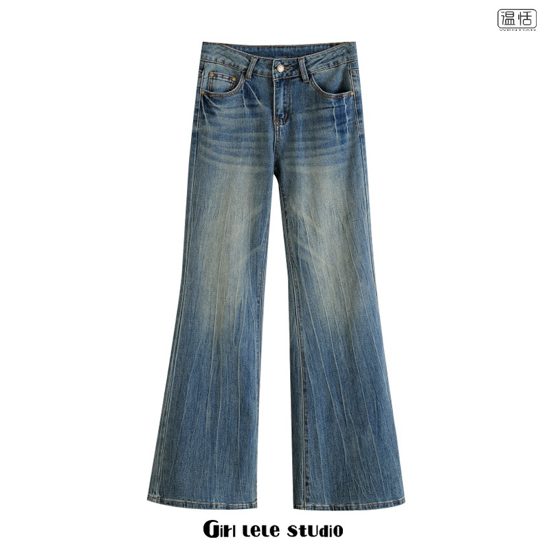 欧美风复古风水洗蓝色微喇牛仔裤
