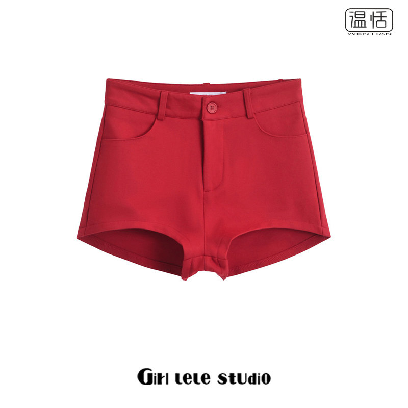 【包邮】欧美红色紧身休闲短裤女显瘦百搭直筒裤性感低腰A字热裤