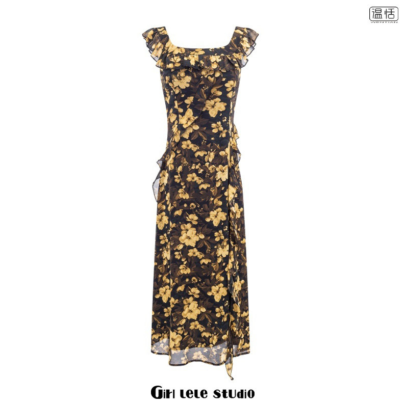 【包邮】美式复古风气质碎花连衣裙荷叶边设计感修身显瘦性感长裙,女装/女士精品,连衣裙,淘宝优惠券,粉丝福利购,淘宝优惠卷