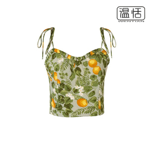 度假吊带背心短上衣 欧美风肩带绑带绿底印花后背松紧修身 包邮
