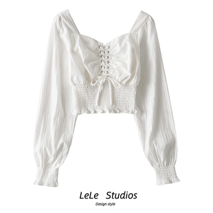 方领短款 衬衫 设计感小众心机绑带收腰长袖 泡泡白上衣女 包邮