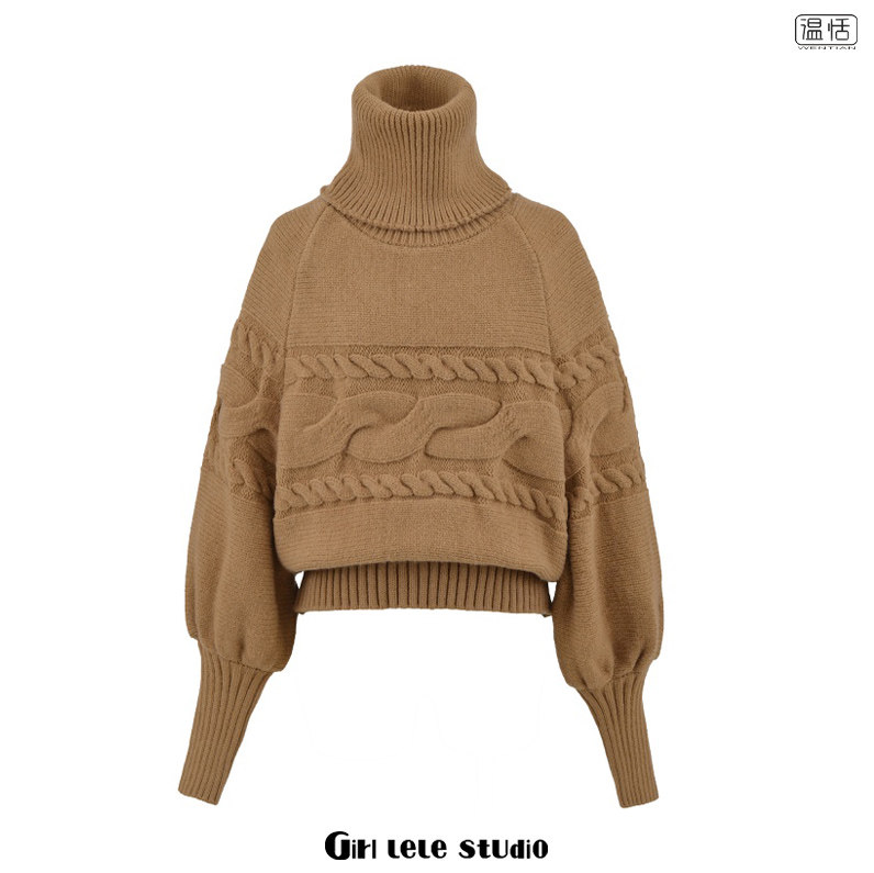 【包邮】欧美风新款简约高领麻花针织衫慵懒宽松毛衣套头休闲上衣