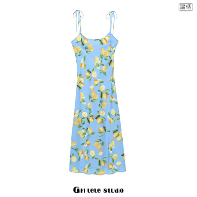 【包邮】法式复古海边度假风柠檬印花吊带连衣裙女夏季新款抹胸裙
