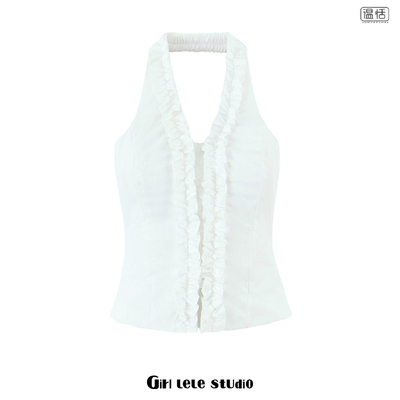 【包邮】法式复古荷叶边挂脖V领吊带背心修身显瘦白色露脐上衣