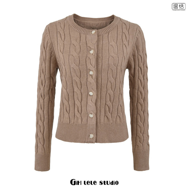 【包邮】美式复古风时尚麻花纹针织开衫女圆领单排扣显瘦毛衣外套